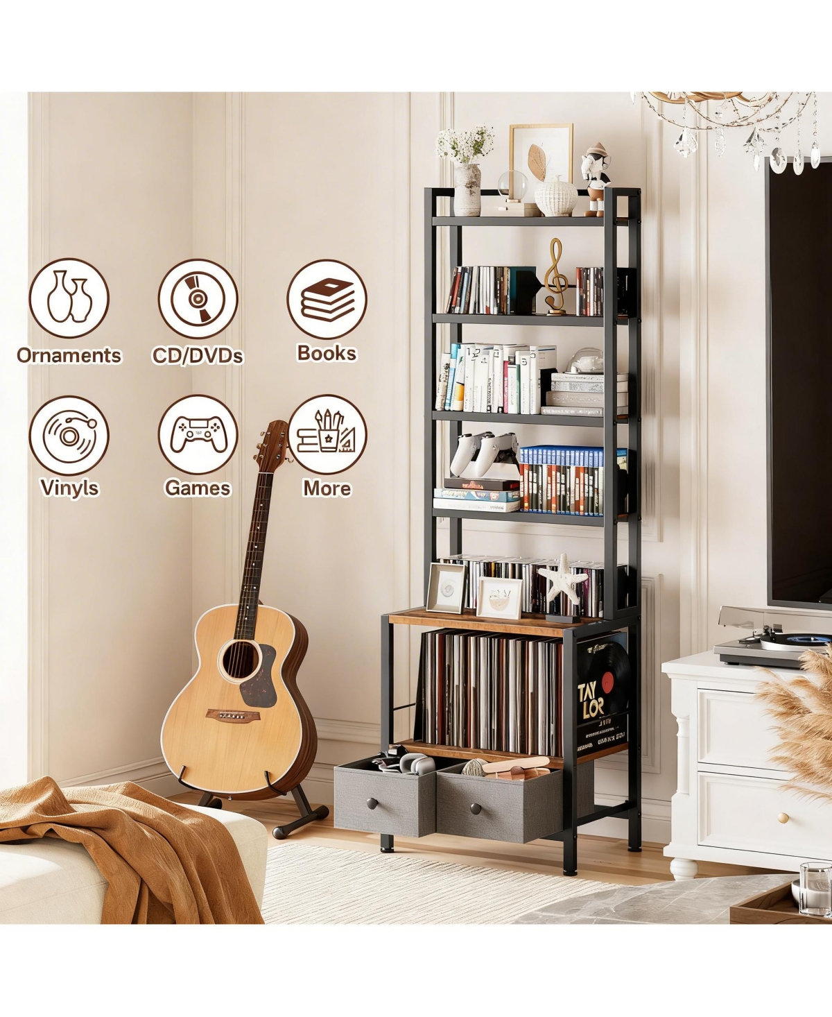 Yigii 6-Tier Cd Dvd Vinyl Storage Tower with Drawers for Living Room