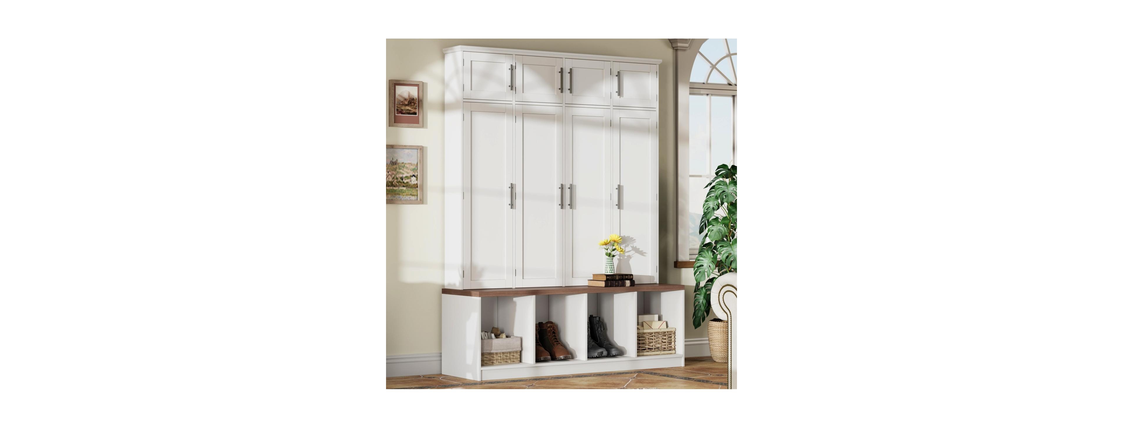 Streamdale Furniture Farmhouse Hall Tree with Hidden Hooks & 8-Door Bench