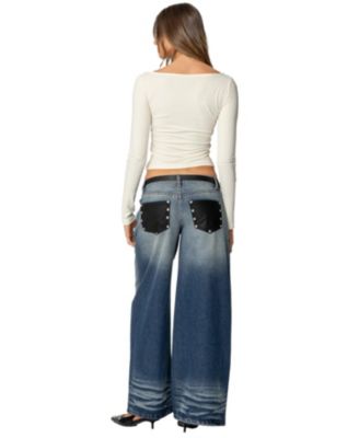 Women's Faux Leather Pocket Low Rise Baggy Jeans