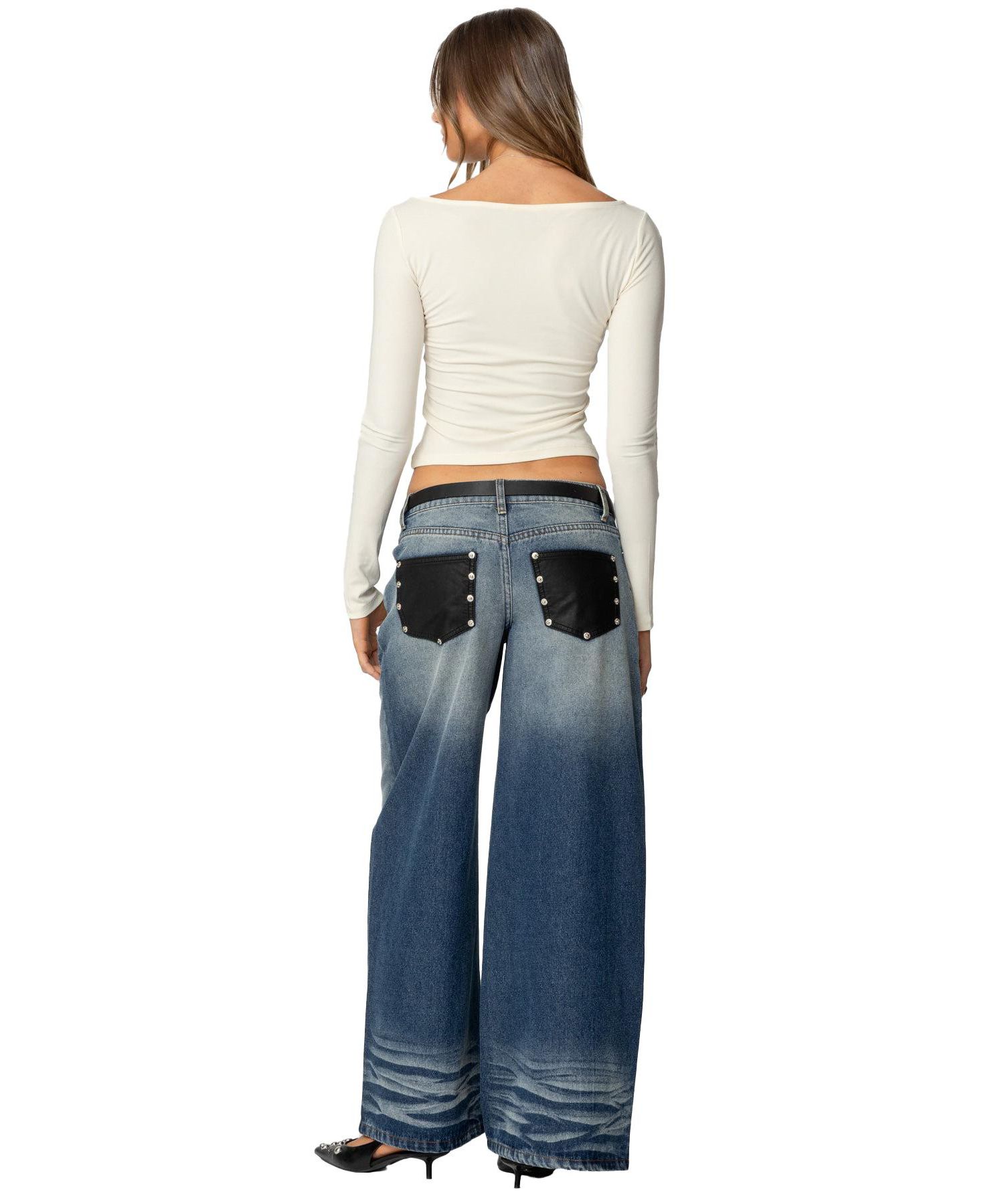 Women's Faux Leather Pocket Low Rise Baggy Jeans