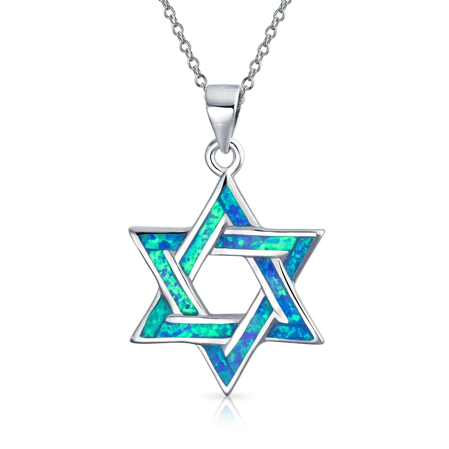 Judaic Created White Opal Star Of David Pendant Necklace Sterling Silver