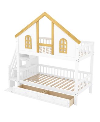 Twin Size Wooden House Bunk Bed with Window, Door, Roof, Drawers & Stairs