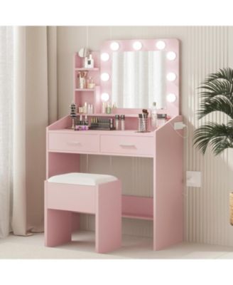 Vanity Desk with Mirror & LED Lights, Makeup Table with Power Outlet, Cushioned Stool, 2 Drawers & 3 Lighting Modes