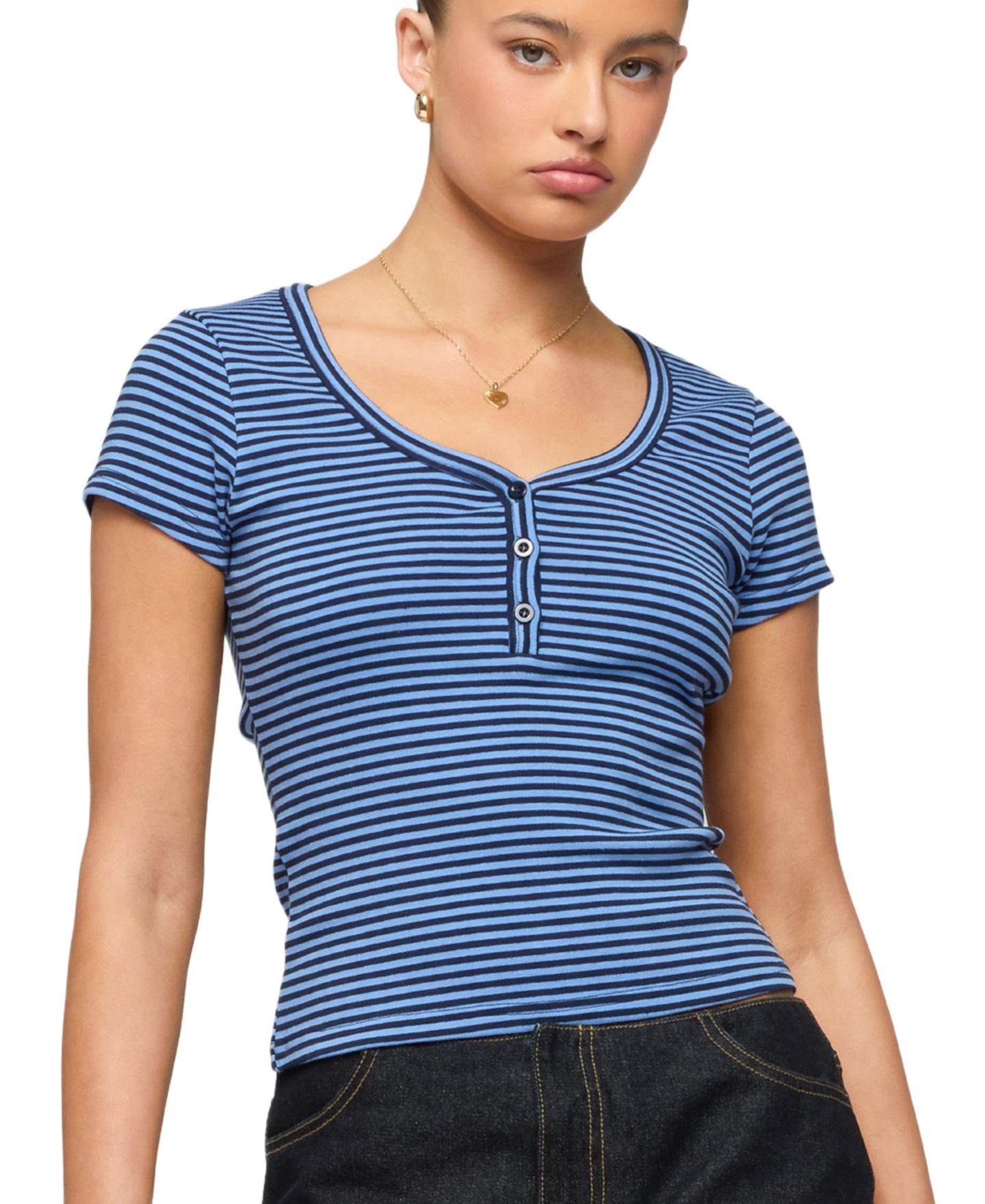 Женская футболка Edikted Kady Striped Henley, цвет: Синий тёмно-синий — фото 1