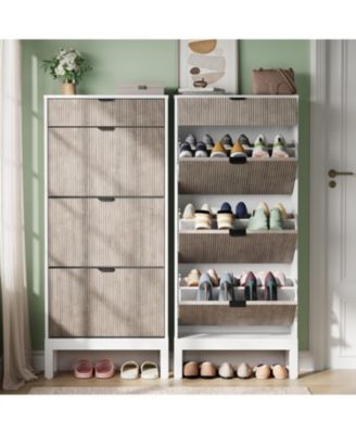 Wooden Shoe Cabinet with 3 Flip Doors & 1 Drawer – Slim Modern Fluted Shoe Organizer with Iron Legs, Freestanding Entryway