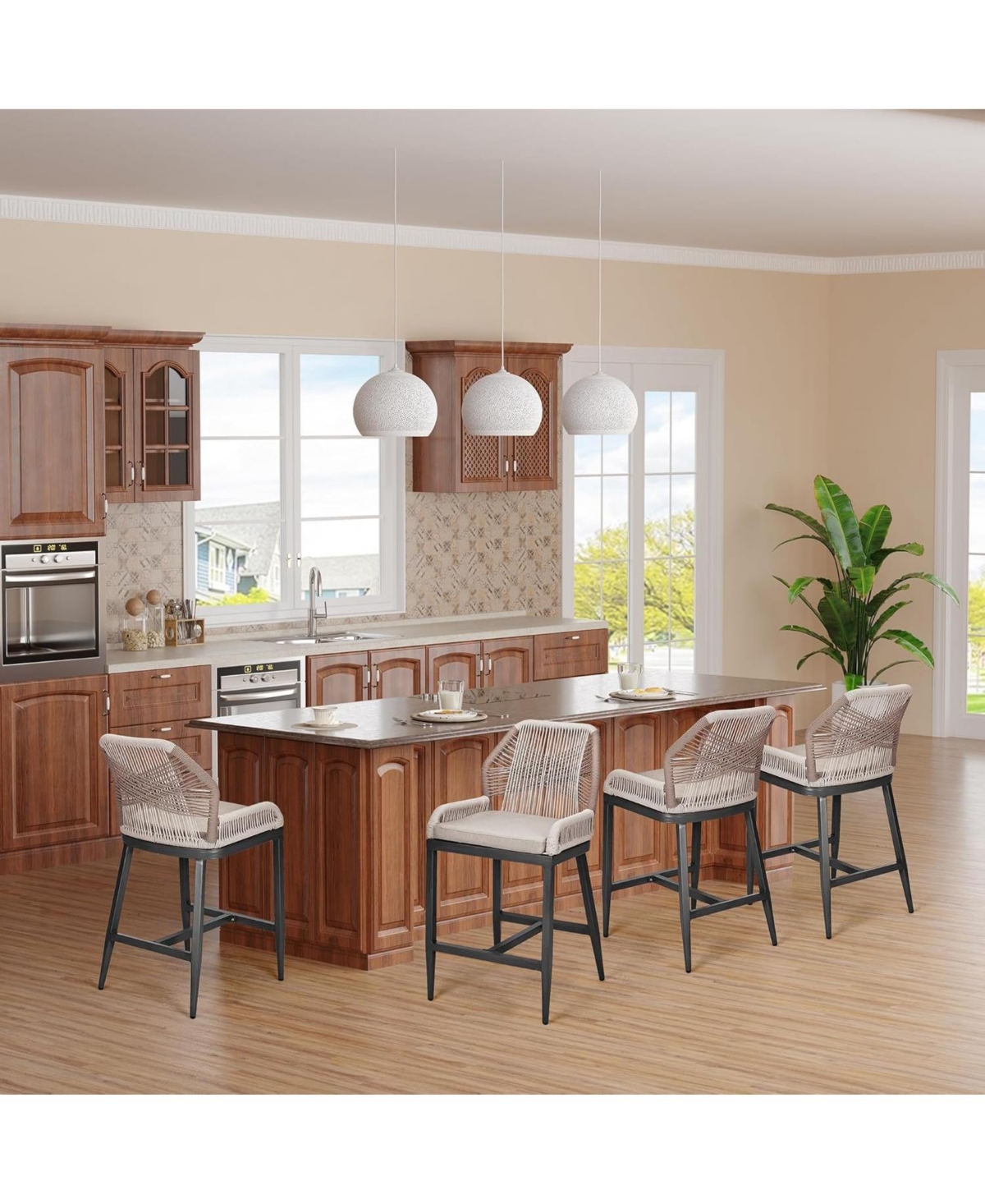 gaomon Outdoor Bar Stools Set of 2 Purple Leaf Wicker Rattan Patio Bar Stools Bohemia High Top Patio Chairs with Back and Footrest Patio Bar Chairs.