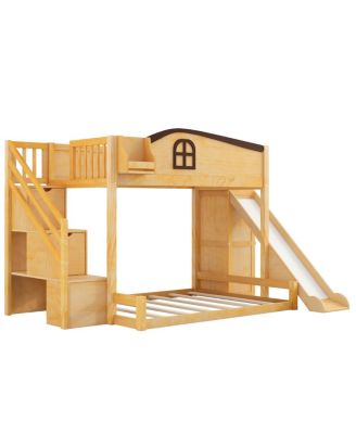 Twin over Full Bunk Bed with Storage Stairs, Shelf, Slide & Wardrobe