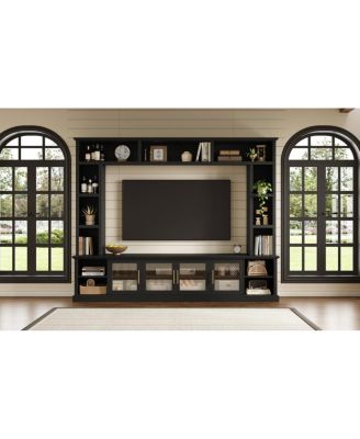 Entertainment Center Wall Unit for TVs up to 80" with Bookshelves & Glass Doors