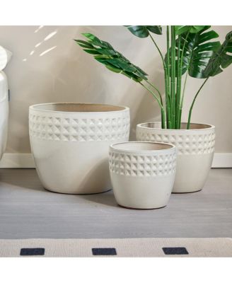  Handmade Ceramic Flower Pot Set of 3, Diamond Pattern, 15/12/9 Inch Diameter