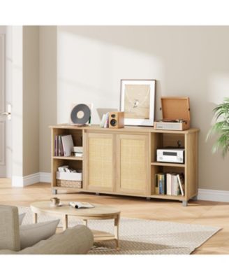 70 Inch TV Stand, Boho TV Stand with Rattan Cabinet Doors, Entertainment Center with 4 Open Shelves & 2 Cabinets