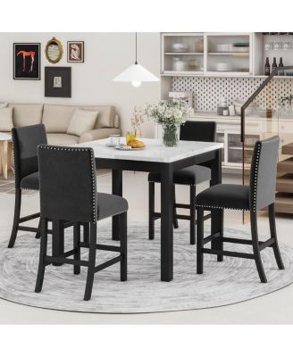 5-Piece Faux Marble Counter Height Dining Set with 4 Velvet Chairs.