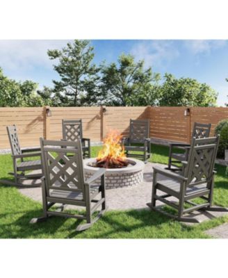 Outdoor Rocking Chair Set of 6, HDPE Weather-Resistant Porch Rockers Wood Texture, 380 LBS Support Deck Pool