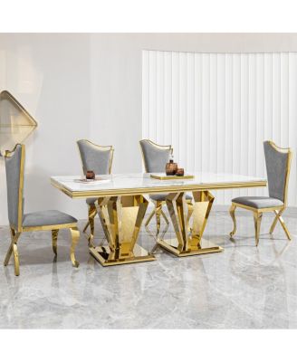 MDF Marble Top Dining Table for 6, White/Gold 66.9" Stainless Steel Base