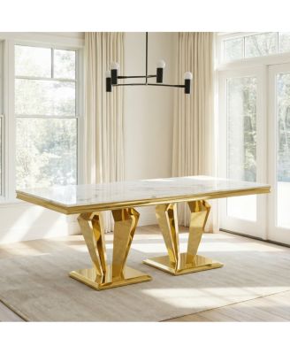 MDF Marble Top Dining Table for 6, White/Gold 66.9" Stainless Steel Base
