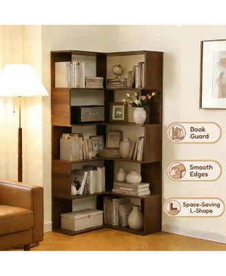 6 Tier L-Shaped Bookshelf, 66" Tall Walnut Open Display Shelf