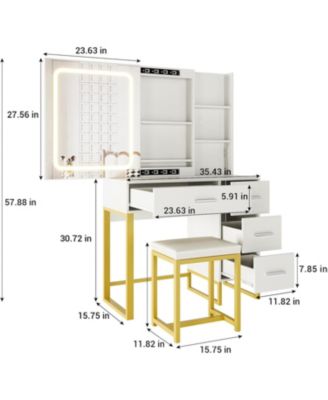 Vanity Desk with LED Lights & Power Outlets – Makeup Table with 3 Color Mirror, 4 Drawers, Storage Shelves, Hair Dryer Holder & Stool
