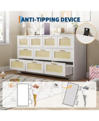 Rattan Dresser with 10 Drawers – Bedroom Storage Chest with Tabletop Organizer and TV Stand for Living Room and Hallway 60x16x32 Inches