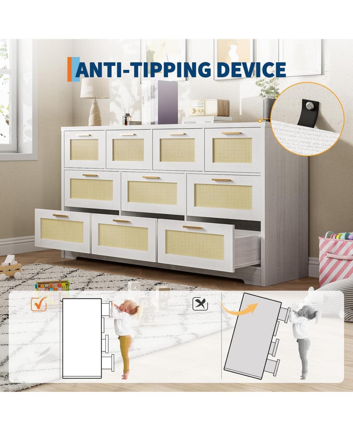 Gaomon Rattan Dresser with 10 Drawers – Bedroom Storage Chest with Tabletop Organizer and Tv Stand for Living Room and Hallway 60x16x32 Inches