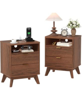 Modern Fluted Night Stands Set of 2, Nightstands with USB Charging Station, Two Drawer Filing Cabinets with Shelf