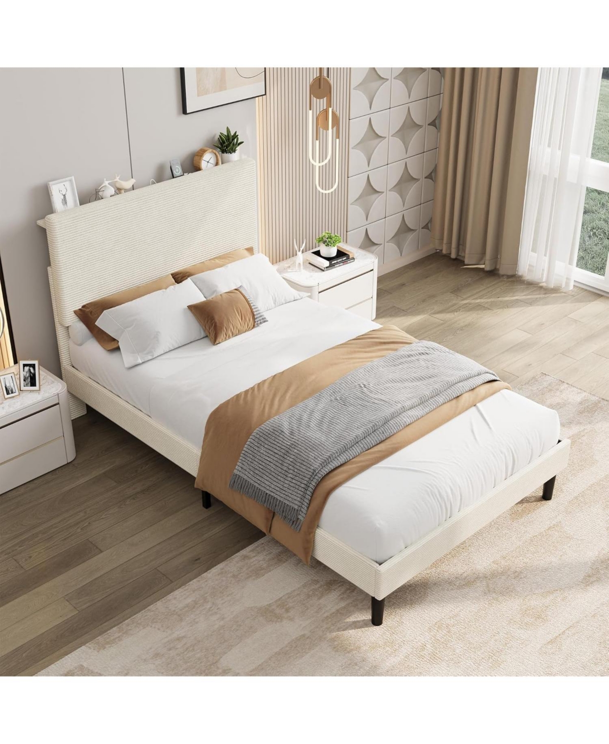 Gaomon Bed Frame with Usb Charging Station, Corduroy Upholstered Platform Adjustable Storage Headboard