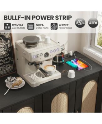 Rattan Buffet Cabinet with Storage,Sideboard Cabinet with 4 Doors and Adjustable Shelves, Console Coffee Bar with Charging Station, Boho Wood