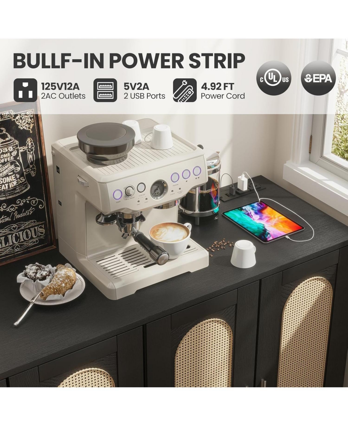 gaomon Rattan Buffet Cabinet with Storage,Sideboard Cabinet with 4 Doors and Adjustable Shelves, Console Coffee Bar with Charging Station, Boho Wood