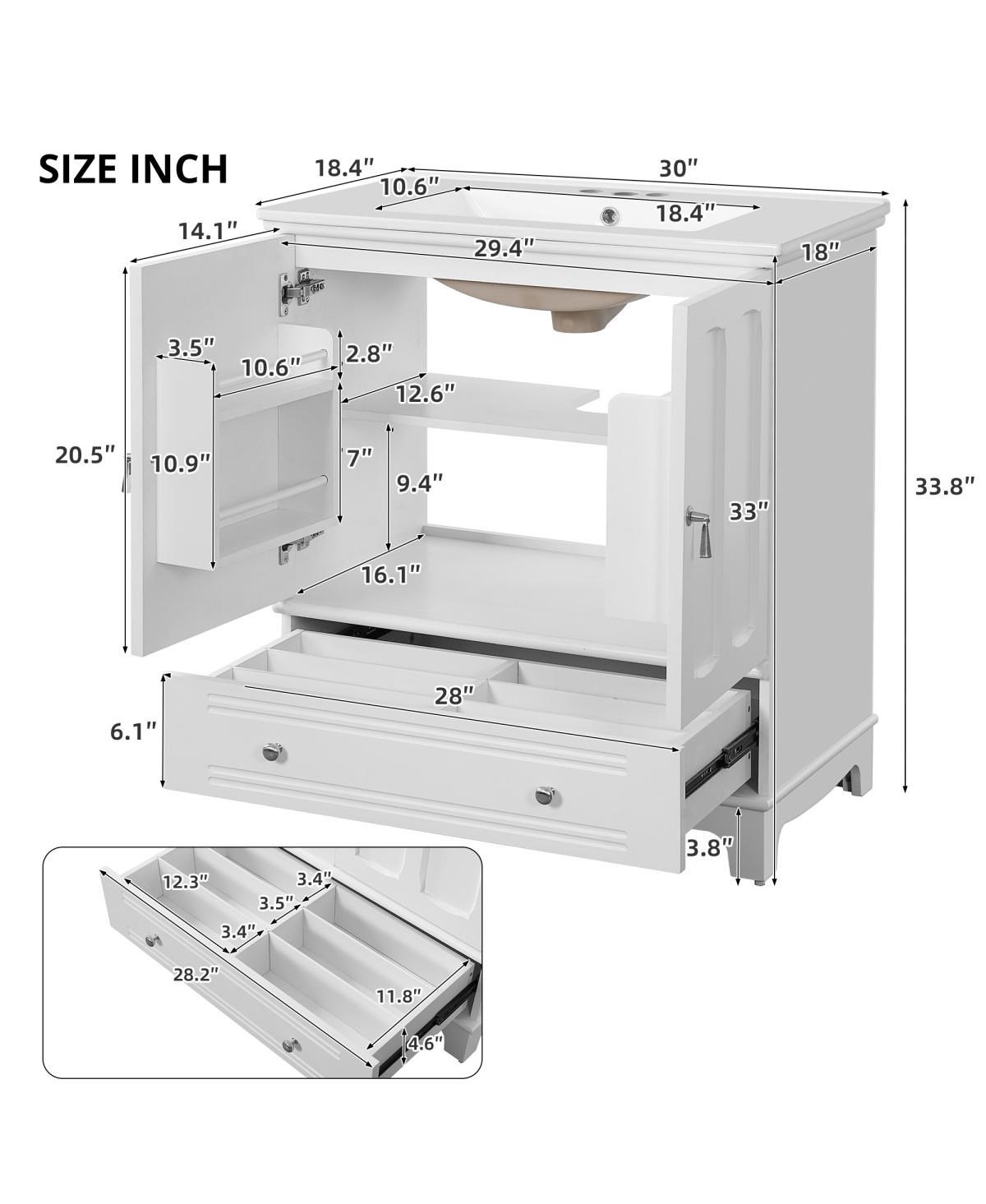 Sillysis 30" Bathroom Vanity with Integrated Sink, Solid Wood & Mdf Cabinet, Adjustable Shelf, Modern Storage