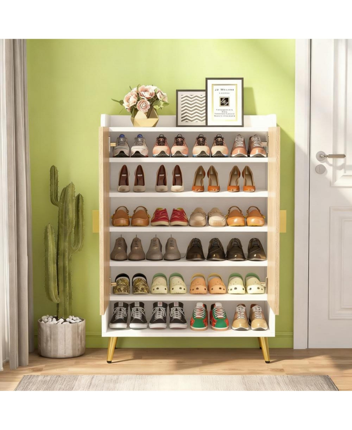 Rainsken 7-Tier Shoe Cabinet, Wooden Shoes Rack, Shoe Storage Organizer with Doors and Adjustable Shelves for Entryway