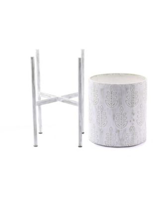 Set of 2  Leaf Embossed Metal Cachepot Planters  Stand