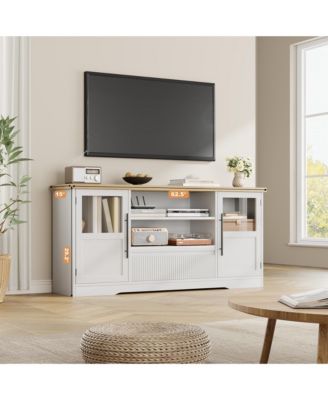 TV Stand for 75 Inch TVs, Retro Media Console with Glass Cabinets & Open Shelves, Farmhouse Modern Entertainment Center