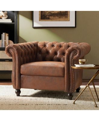Chesterfield Club Chair with Scrolled Arms, Nail head Trim, and Solid Wood Legs