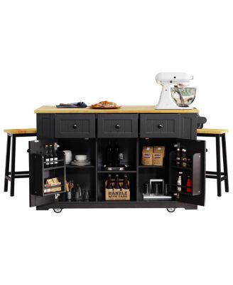 53" Kitchen Island w/ 2 Stools, Power Outlet, Storage, Cart on Wheels, Drop Leaf
