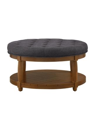 Large Tufted Linen Ottoman Coffee Table with Solid Wood Shelf