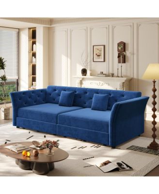 Queen Pull Out Sofa Bed with Fabric Flower Tufted Design