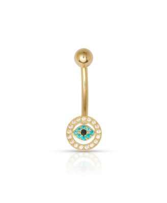 Solid 10k Yellow Gold 14G Blue Cubic Zirconia Evil Eye Belly Ring
