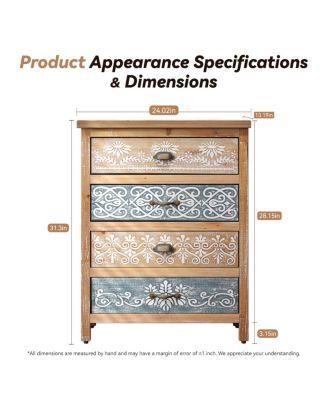  Vintage 4-Drawer Chest with Distressed Wood & Ornate Pattern Design