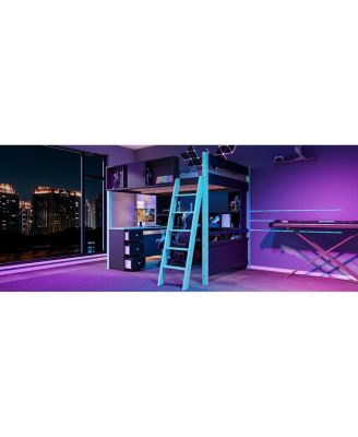 Full Size Wood Loft Bed with Desk, Ample Storage Space and Light