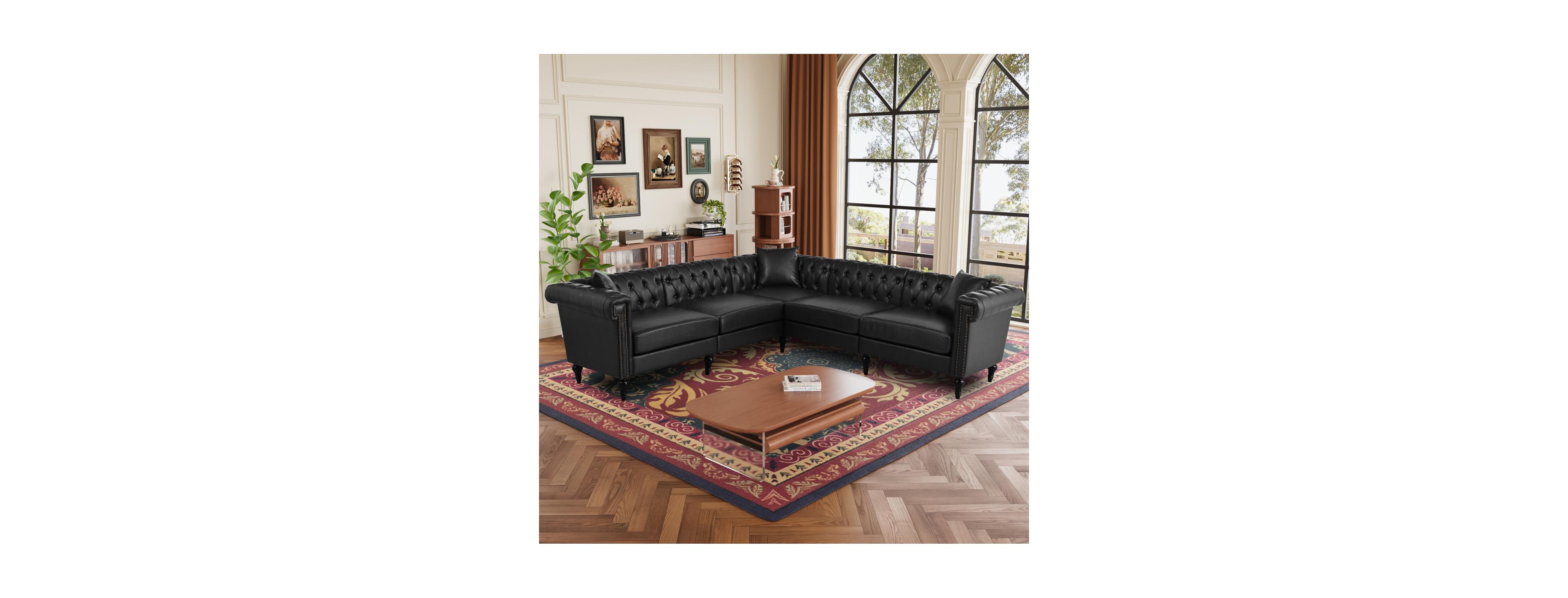 Streamdale Furniture Reversible L-Shaped Chesterfield Sofa with Rolled Arms & Nailhead Pu Leather