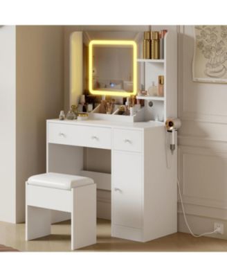 Vanity Desk with Mirror - Makeup Desk with Lights in 3 Colors - Girls Vanity Table with Charging Station/3 Drawers/3 Storage Shelves