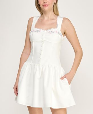 Juniors' Square Neck Embroidered Mini Dress