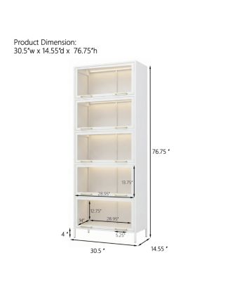 Iron Display Cabinet with Glass Doors, 5-Tier Steel Bookcase with LED Lights