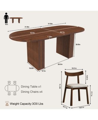 Oval Dining Table Set for 6 with 4 Chairs, Walnut Veneer, Farmhouse Style