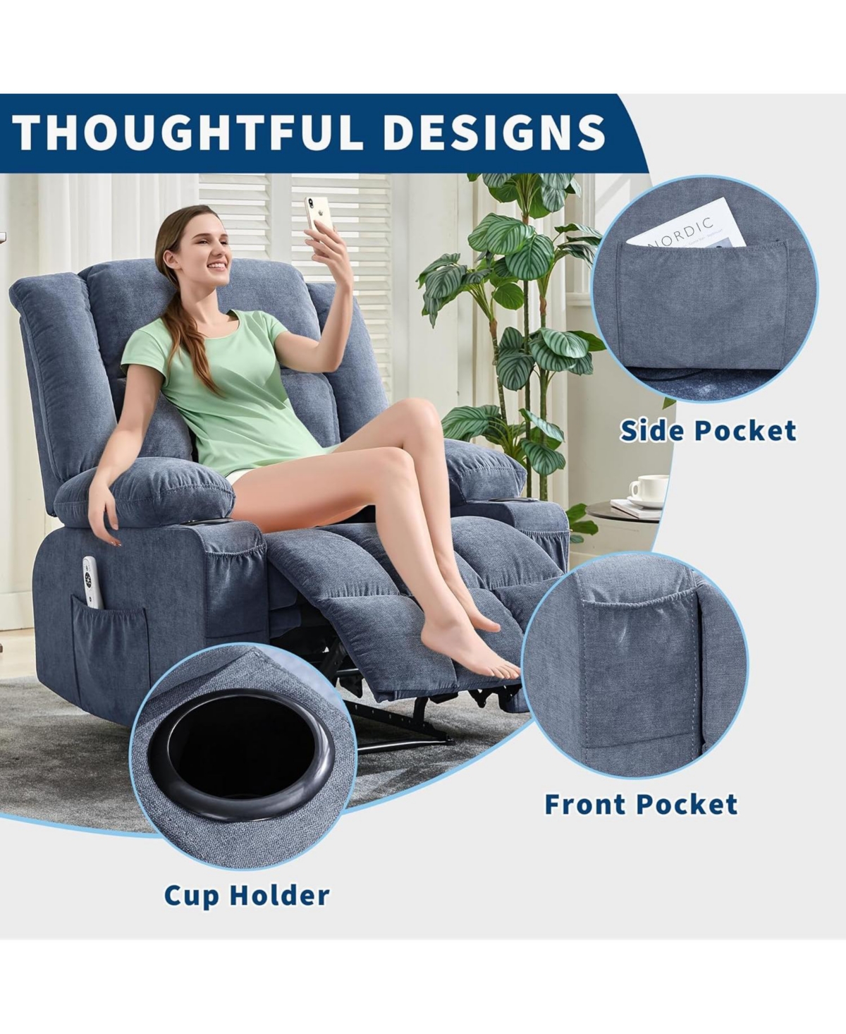 gaomon Large Recliner Chair, Manual Reclining Sofa with Massage and Heat, Comfy Sofa Chair with 3 Positions, 2 Side Pockets