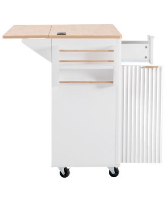 Fluted Kitchen Island with Storage, Drop Leaf, Power Outlet, 4 Doors, 3 Drawers