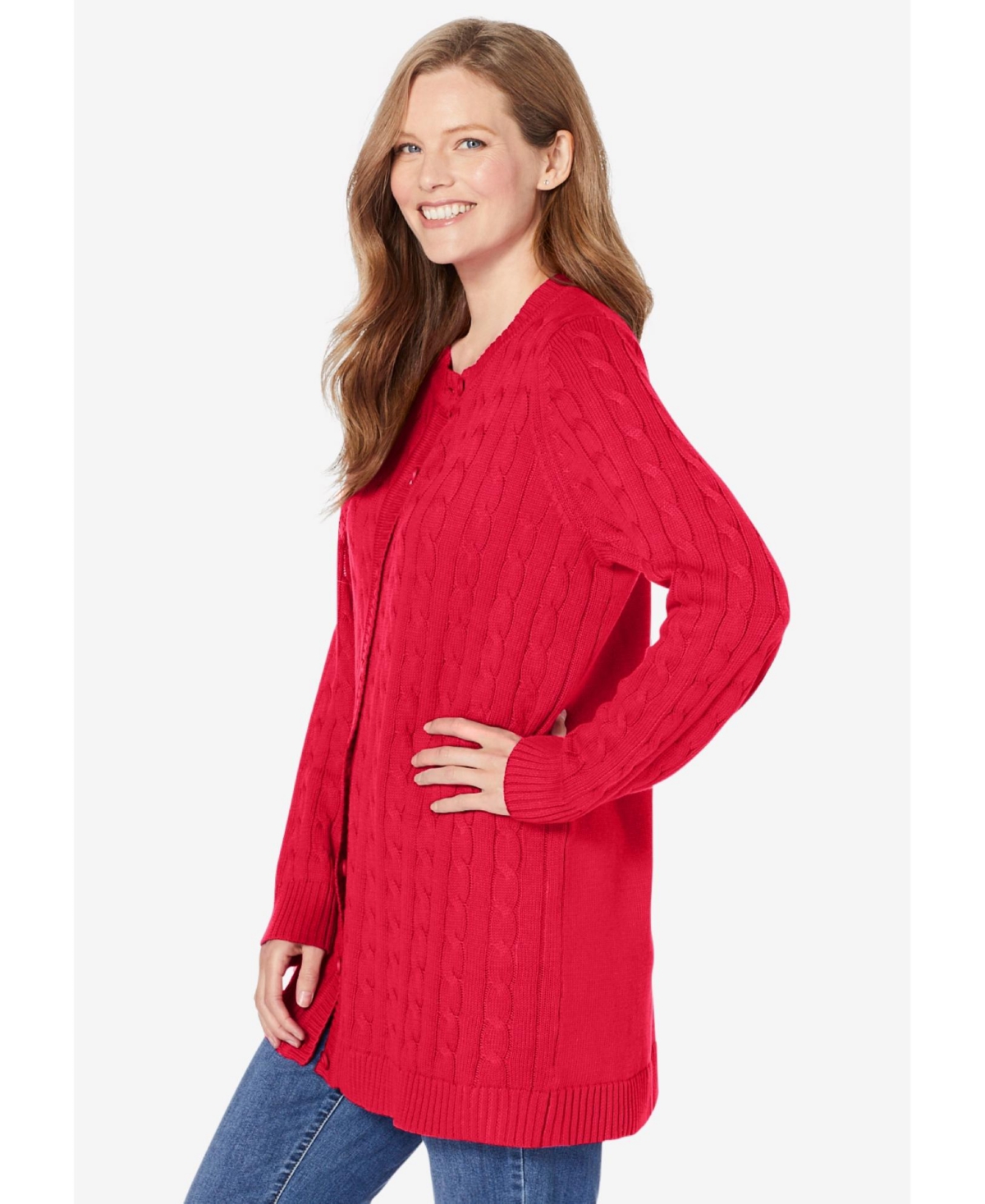 Woman Within Plus Cotton Cable Knit Cardigan Sweater