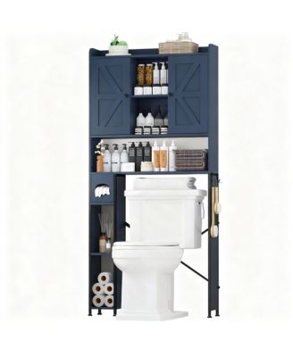 Metal Frame Over Toilet Cabinet with 7 Shelves & Hooks for Farmhouse Style