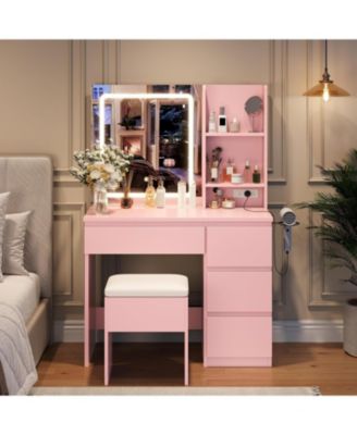 Vanity Desk with Mirror and Lights - Modern Makeup Dressing Table with Outlets/Storage Stool/4 Drawers and Hair Dryer Holder - 3 Colors LED