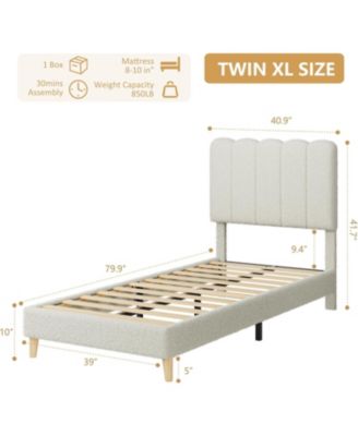 Twin XL Bed Frame, Boucle Upholstered Platform Bed with Wave Headboard Easy Assembly, Wooden Slats Support, No Box Spring Needed,