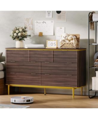 7 Drawers Dresser for Bedroom, 54in Wide Fluted Chest of Drawers Dresser Wood Storage Cabinet Curved Design TV Stand with Metal Handles