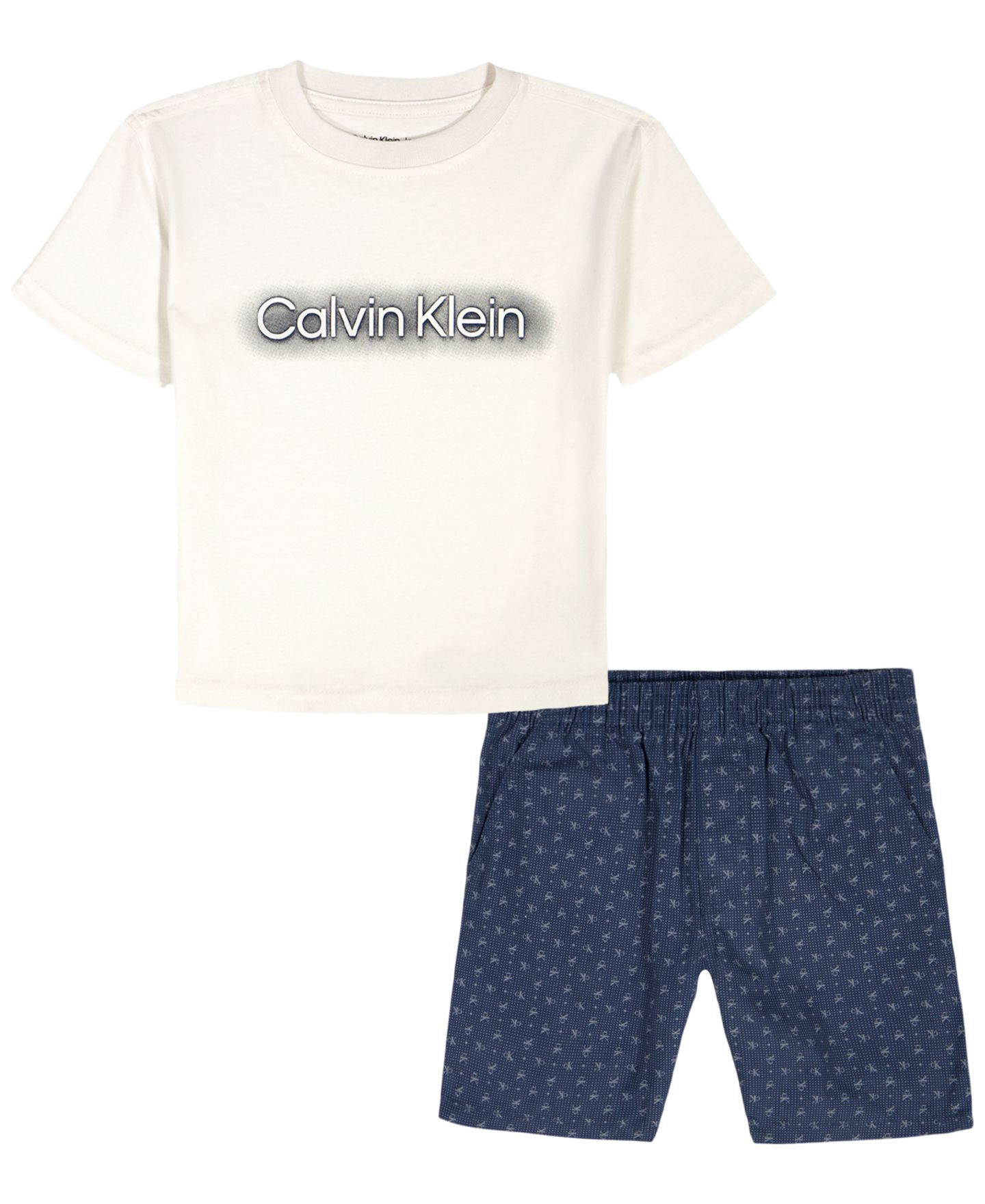Детский комплект Calvin Klein: футболка с логотипом и шорты с принтом, 2T-7, цвет: Яркий белый / Тёмно-синий — фото 1